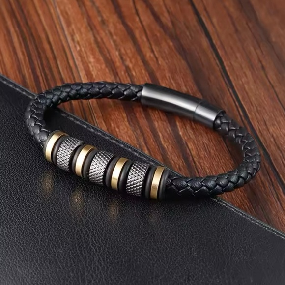 Men’s Stainless Steel BeadedBlack Leather Bracelet 8”